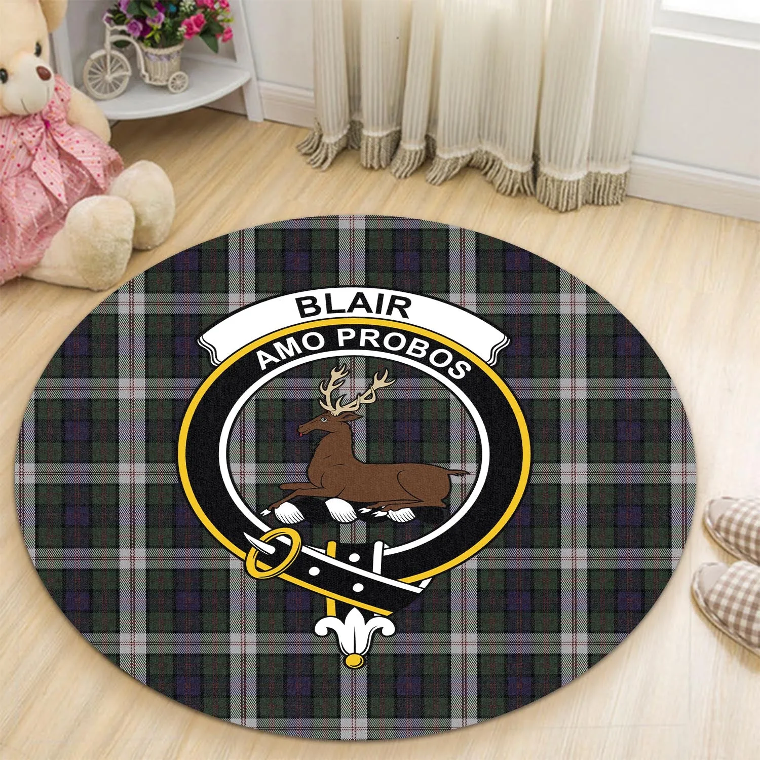 Blair Dress Tartan Round Rug with Family Crest