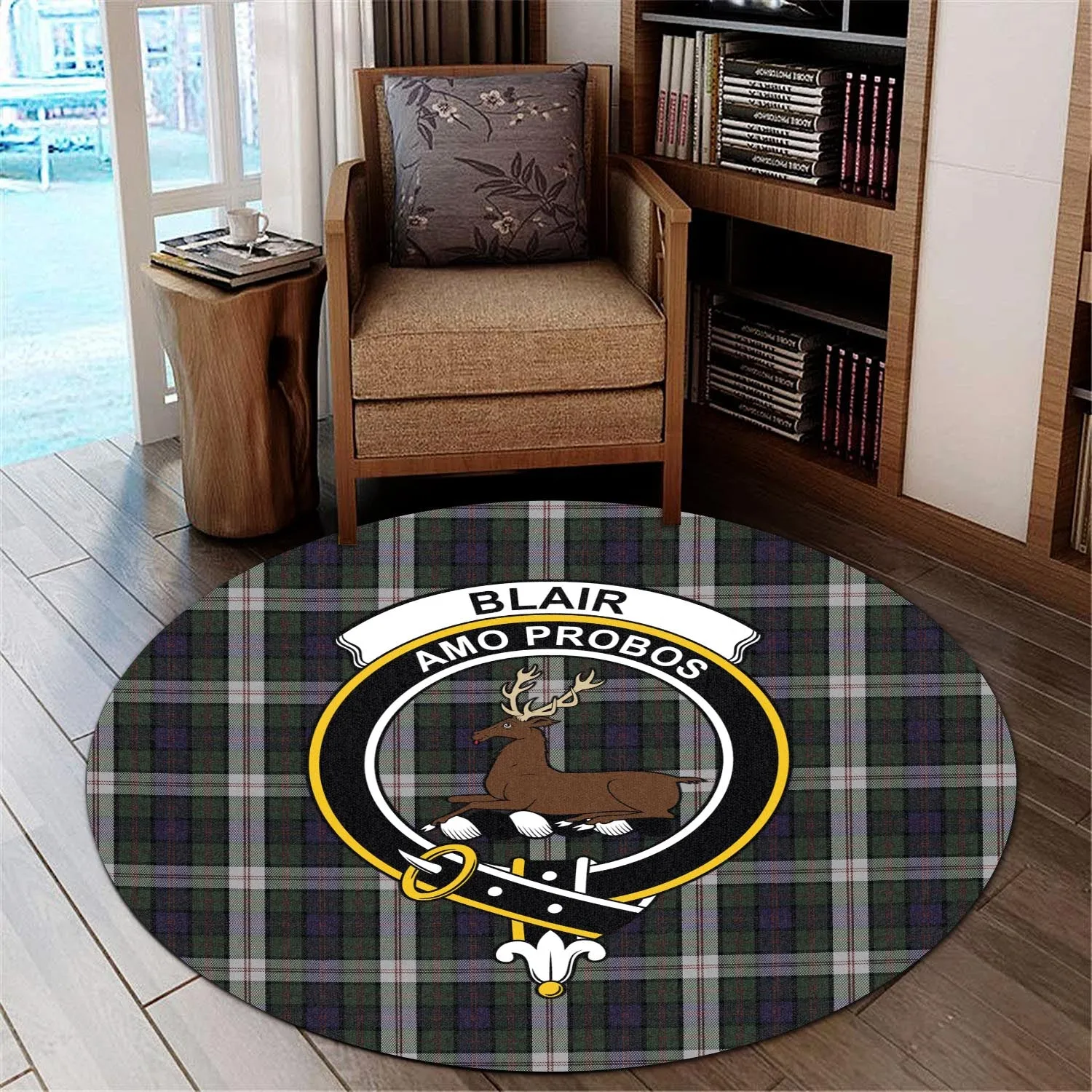 Blair Dress Tartan Round Rug with Family Crest