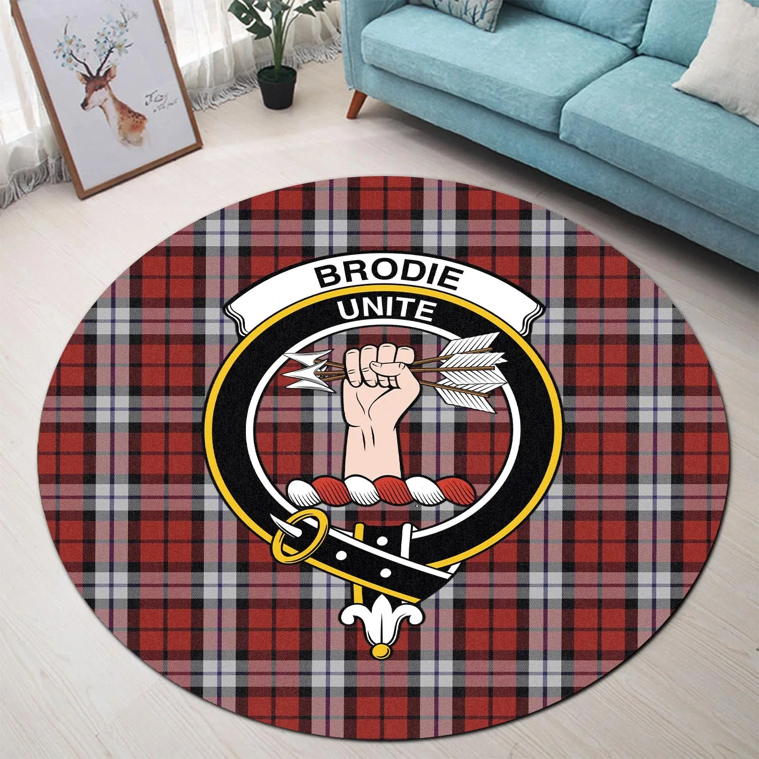 Brodie Dress Tartan Round Rug with Family Crest