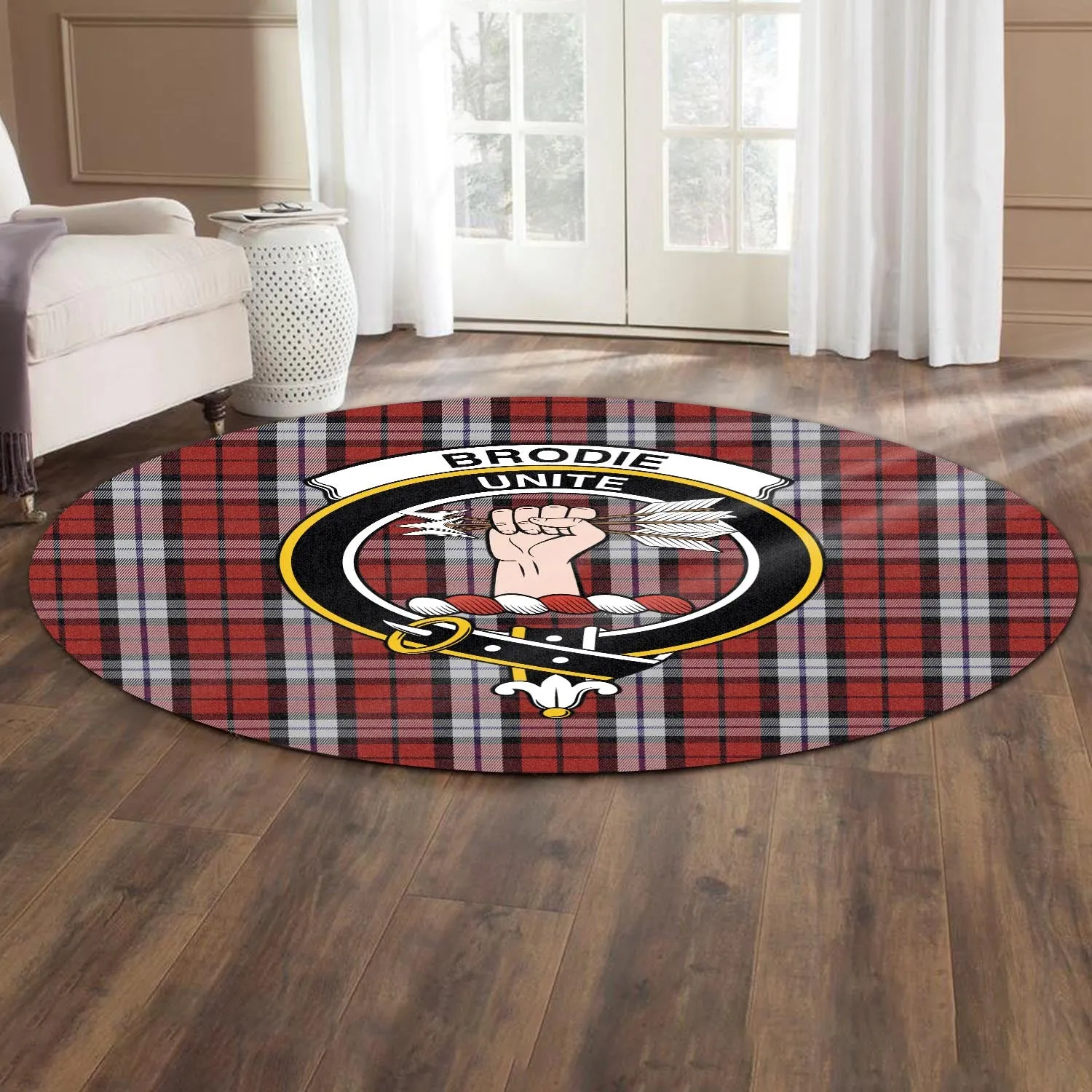 Brodie Dress Tartan Round Rug with Family Crest