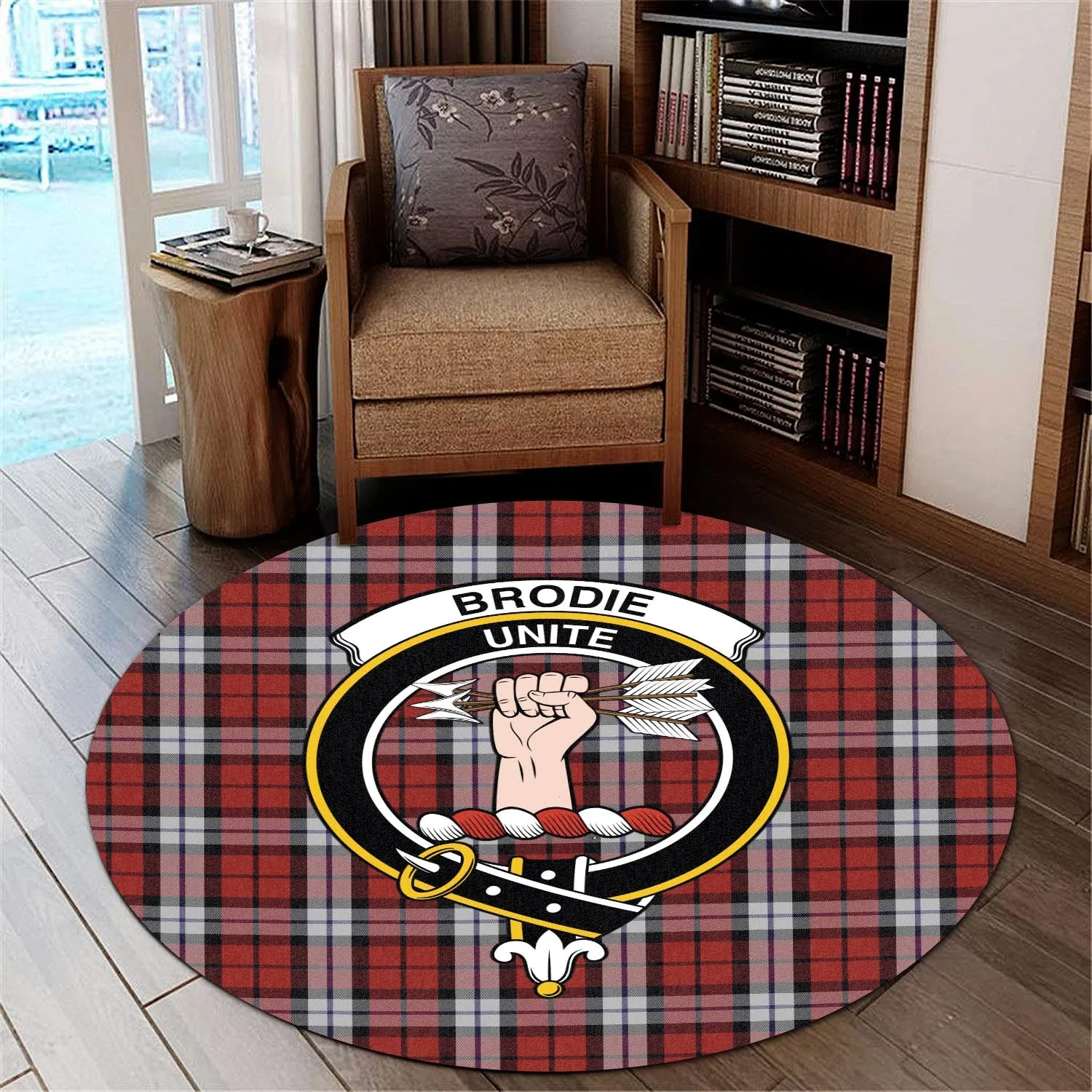 Brodie Dress Tartan Round Rug with Family Crest