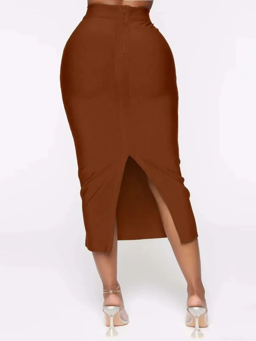 Brown High Waist Split Bandage Bodycon Midi Skirt