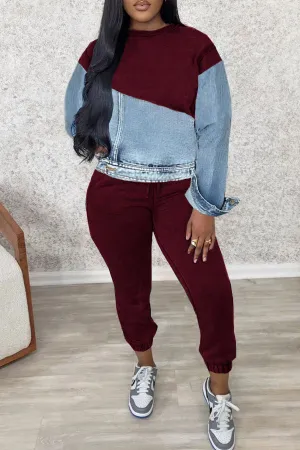 Casual Knitted Patchwork Denim Sweatshirt & Sweatpants Set