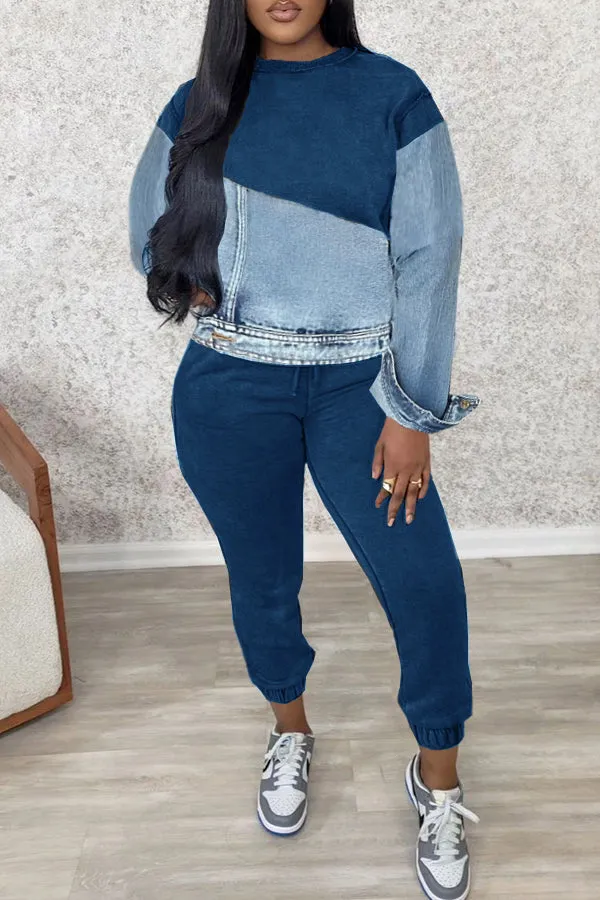 Casual Knitted Patchwork Denim Sweatshirt & Sweatpants Set