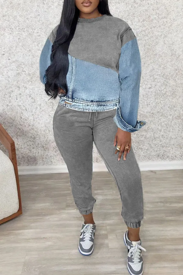 Casual Knitted Patchwork Denim Sweatshirt & Sweatpants Set