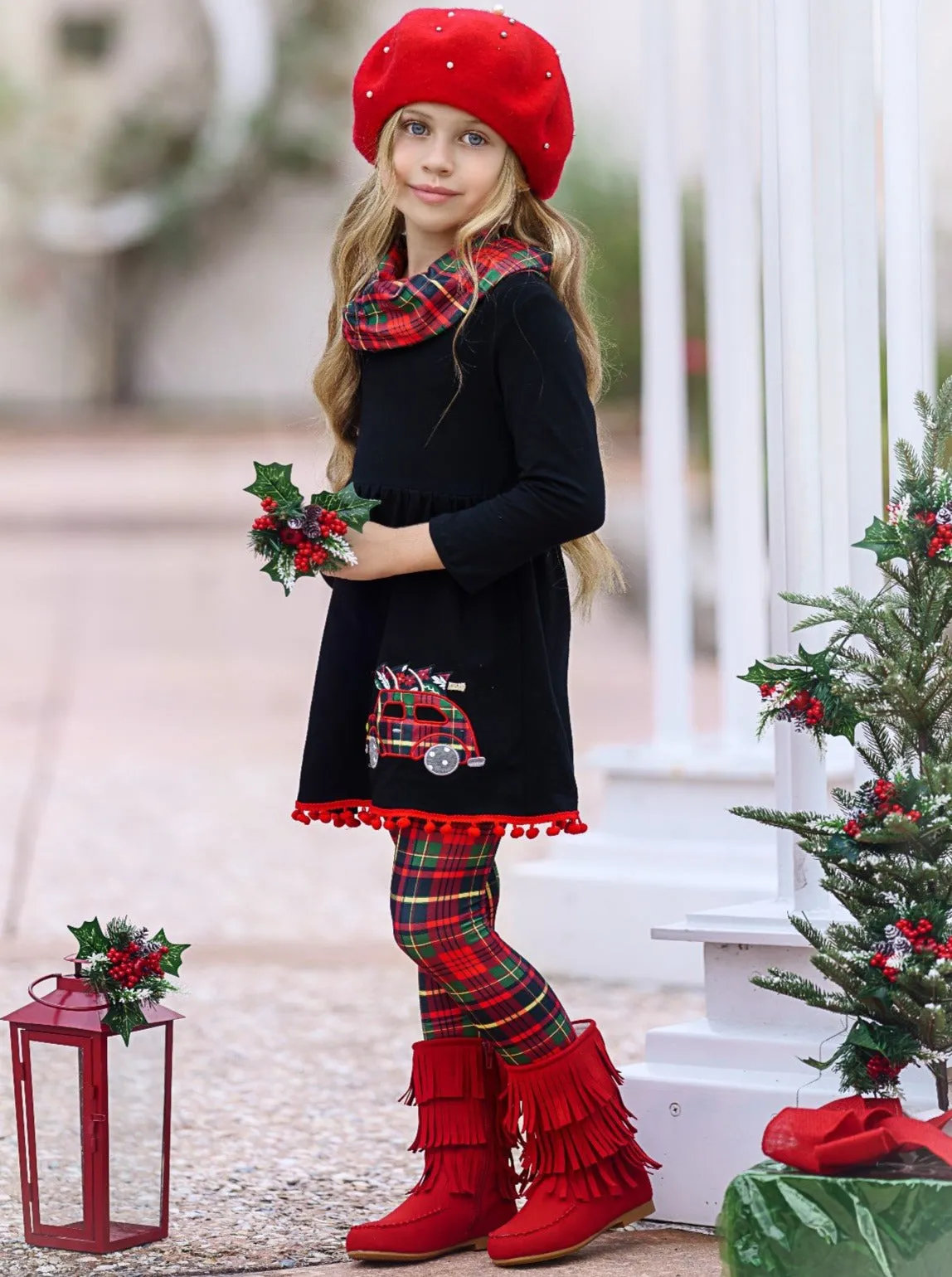 Christmas Haul Tunic, Plaid Scarf, and Legging Set