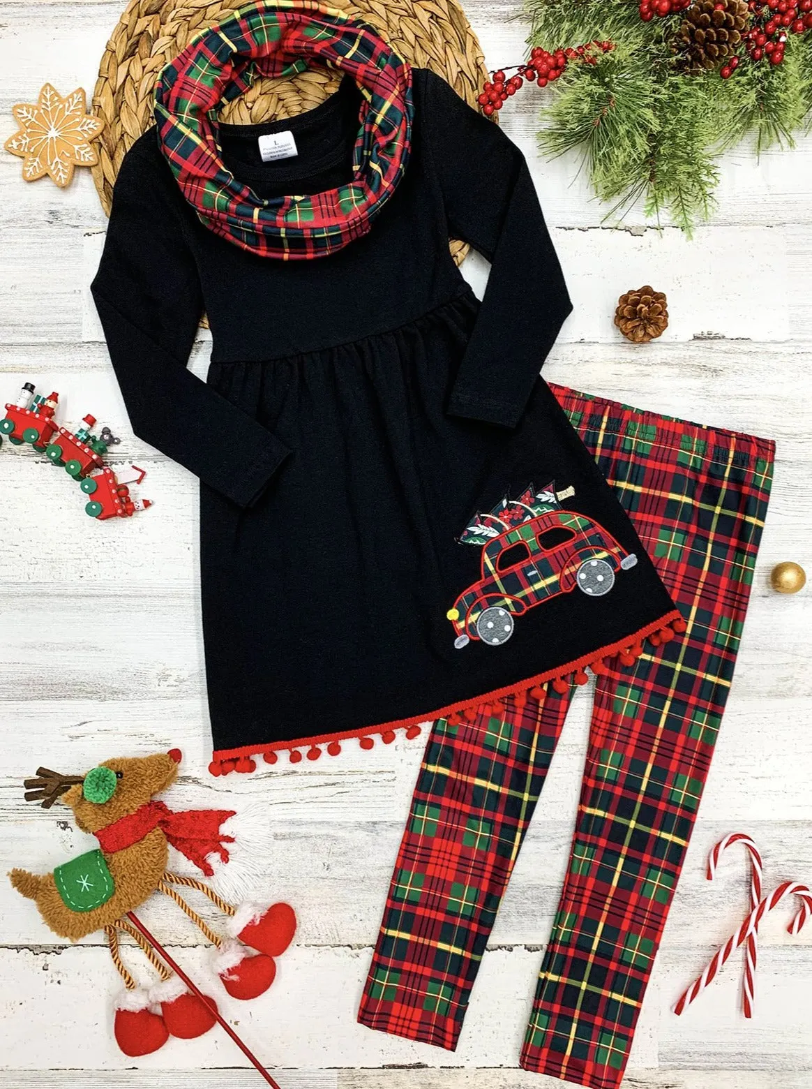 Christmas Haul Tunic, Plaid Scarf, And Legging Set