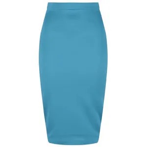 Classic Blue Stretch Pencil Bodycon Midi Office Work Skirt