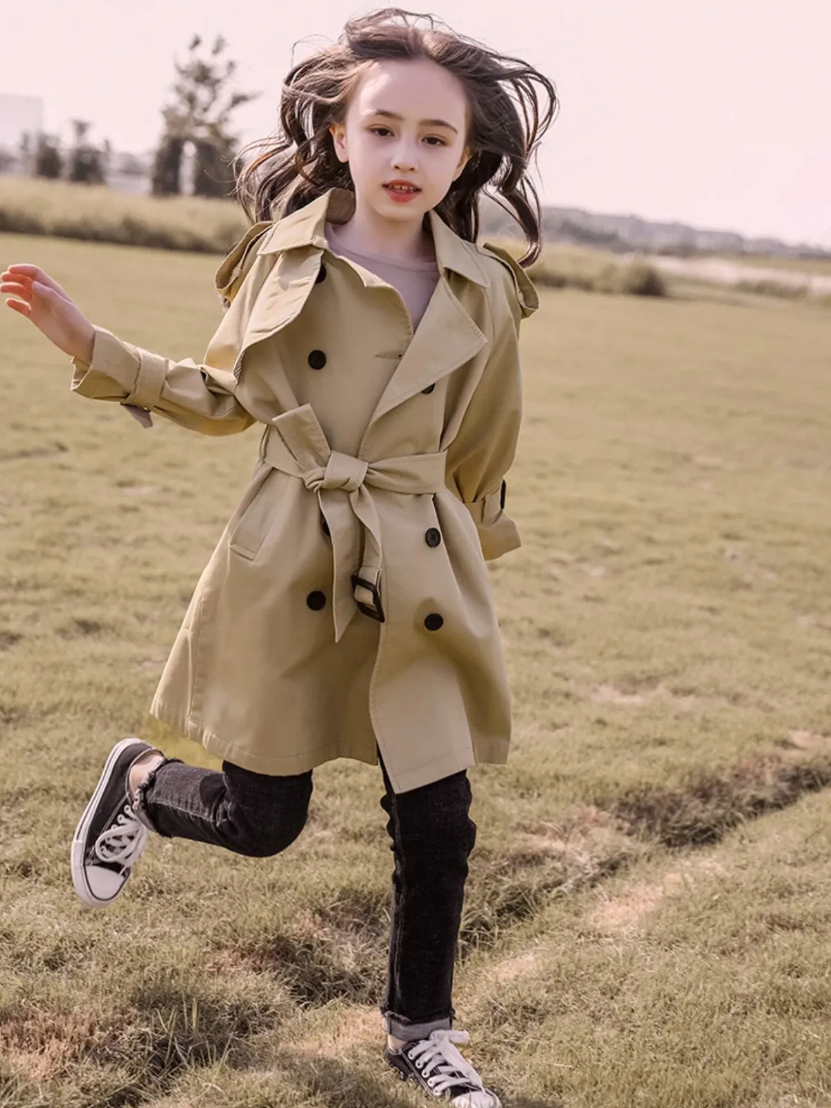 Classic Girls Long Trench Coat with Belt