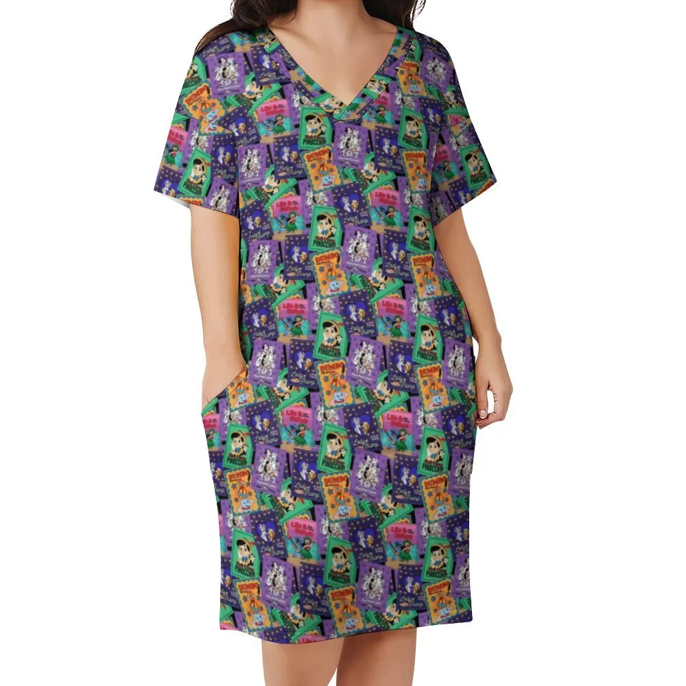 Classic Posters Women's V-neck Loose Dress With Pockets