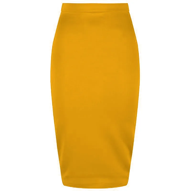 Classic Stretch Honey Yellow Pencil Bodycon Midi Office Work Skirt