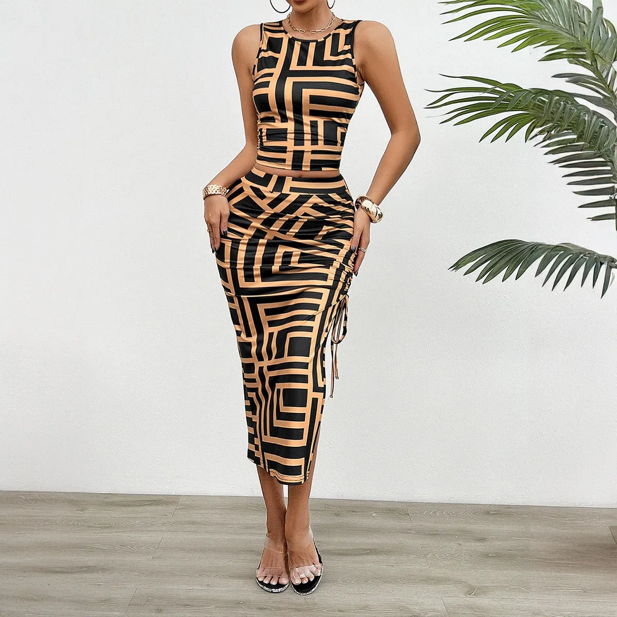 Coffee Color Geometric Print Sleeveless Round Neck Split Hem Bodycon Maxi Dress