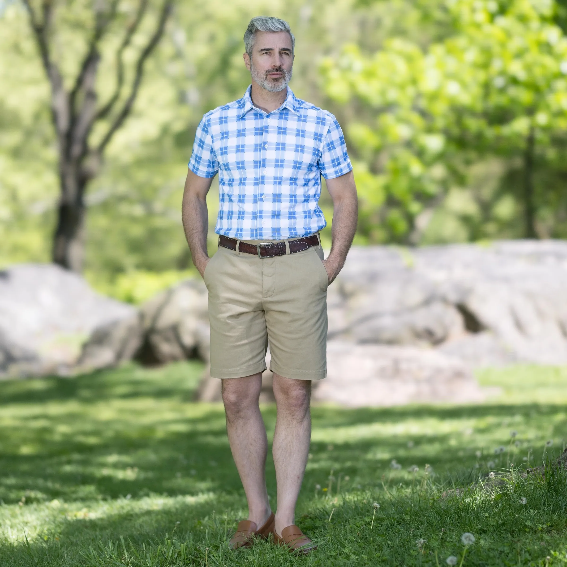 Cooling Magnetic Front Polo Short Sleeves in Blue Gingham