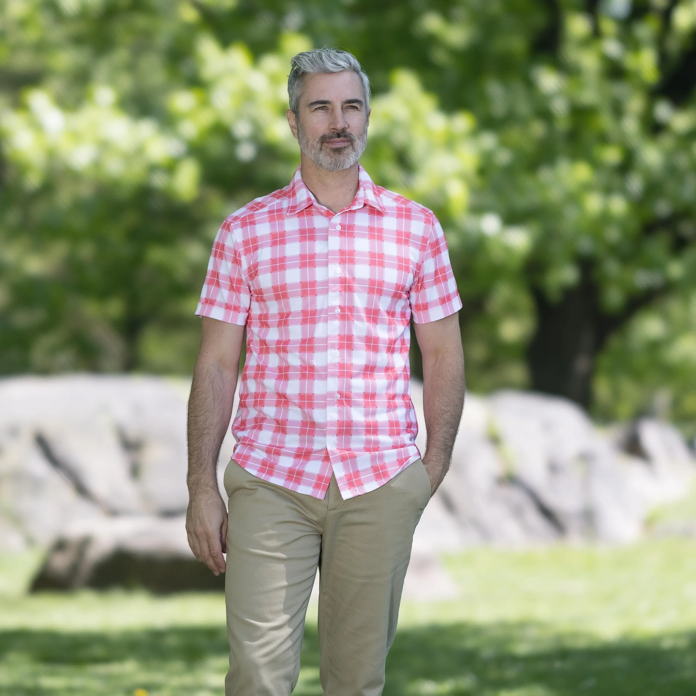 Cooling Magnetic Front Polo Short Sleeves in Red Gingham