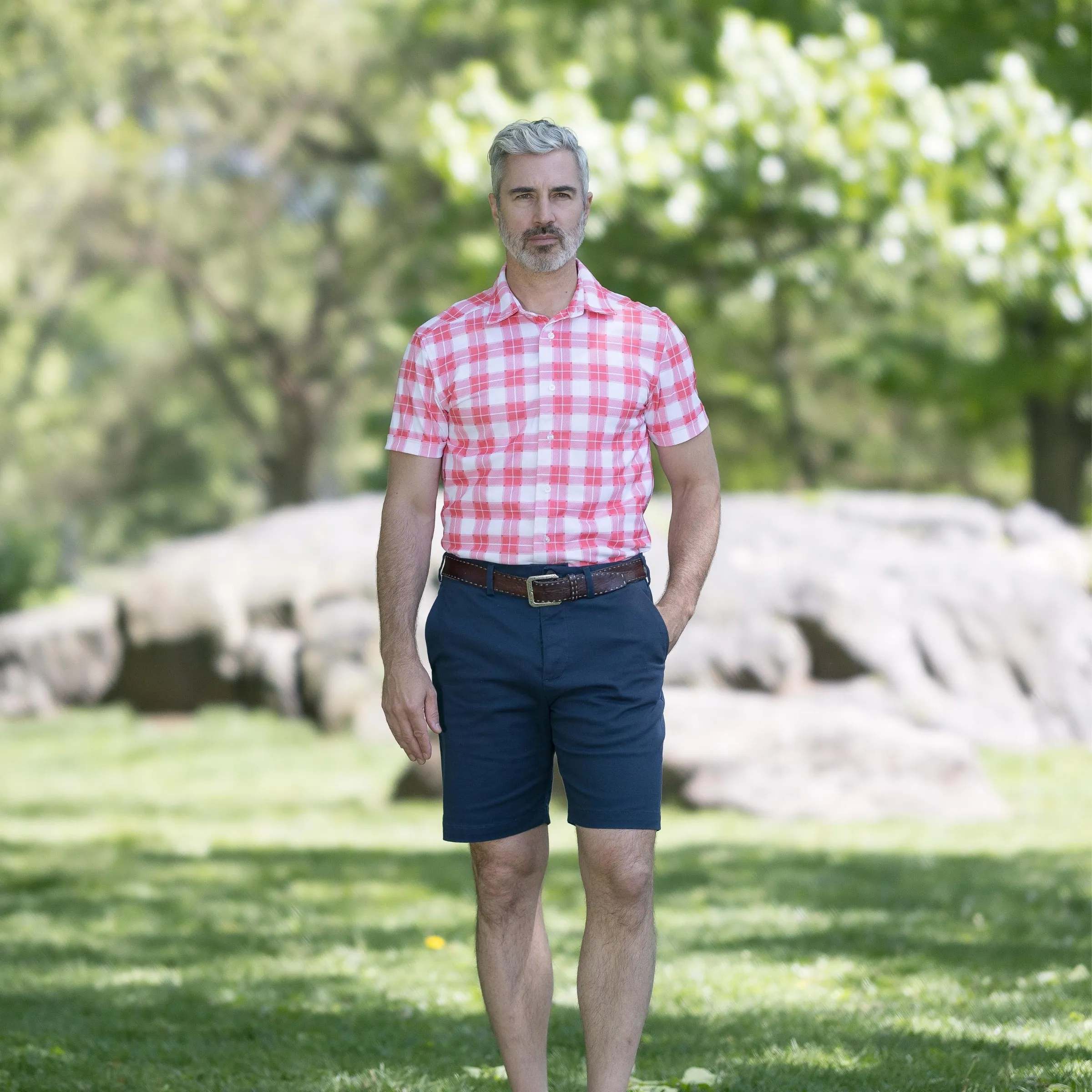 Cooling Magnetic Front Polo Short Sleeves in Red Gingham