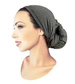 Dark Grey Pre-tied Head-scarf Tichel Cotton Boho Chic ShariRose With Metallic Silver Over-Lock! (Charcoal silver grey long - 412)