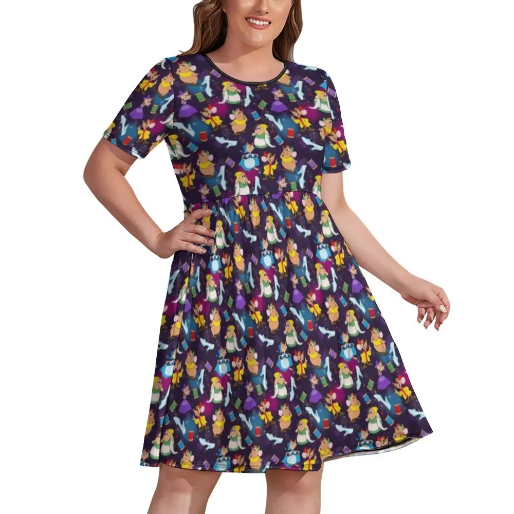 Disney Cinderella Magical Mice Women's Round Neck Plus Size Dress With Pockets