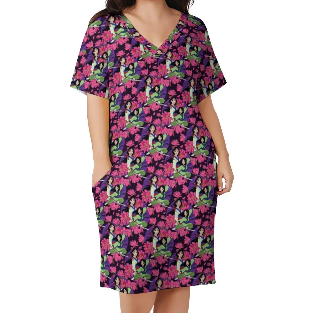 Disney Mulan Blooming Flowers Women's V-neck Loose Dress With Pockets