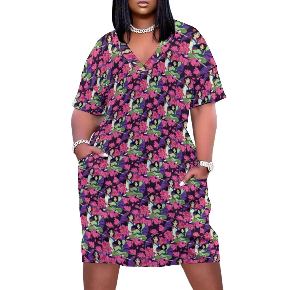 Disney Mulan Blooming Flowers Women's V-neck Loose Dress With Pockets