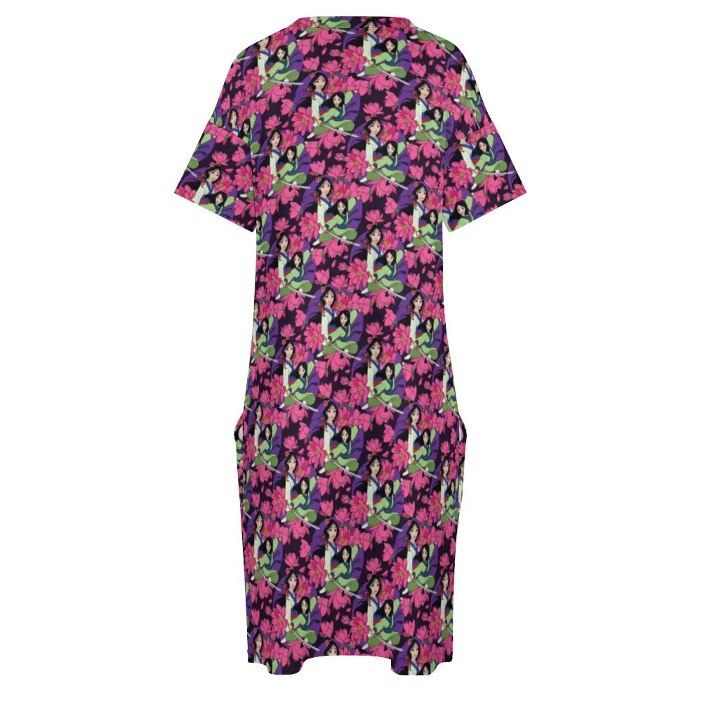 Disney Mulan Blooming Flowers Women's V-neck Loose Dress With Pockets