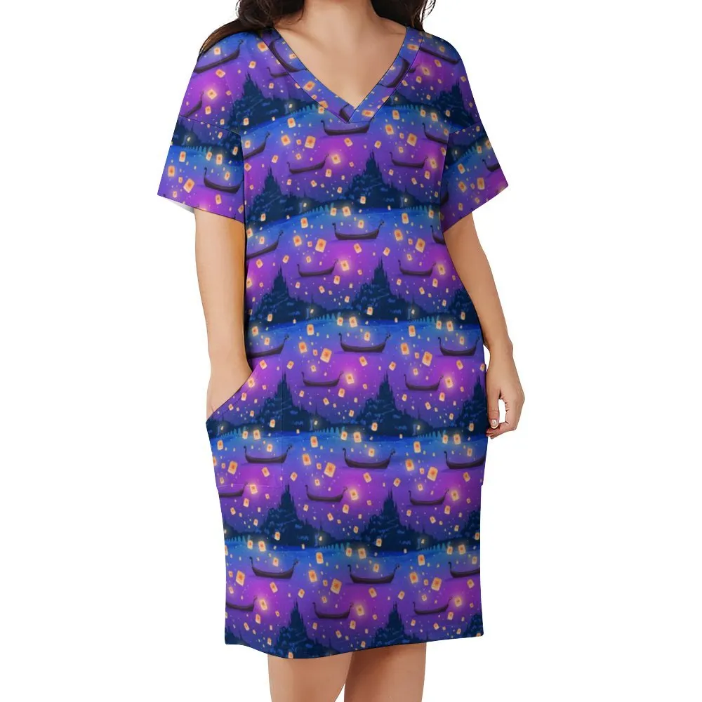 Disney Tangled Rapunzel Floating Lanterns Women's V-neck Loose Dress With Pockets