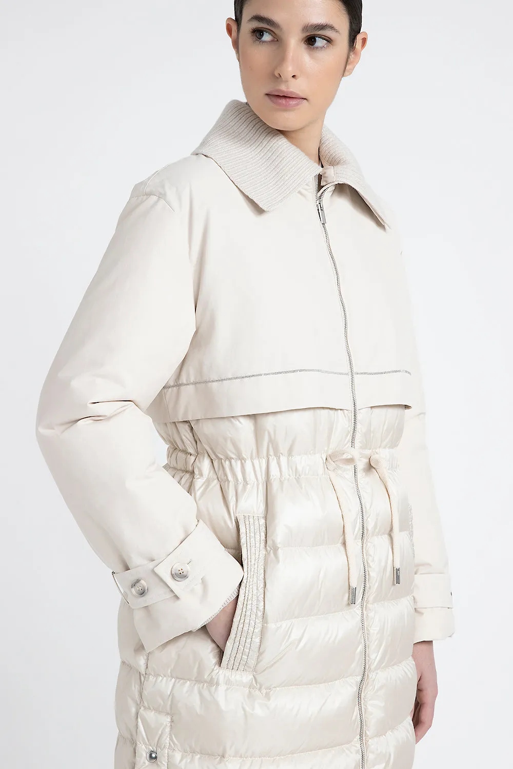 Down-filled drip-proof long trench coat