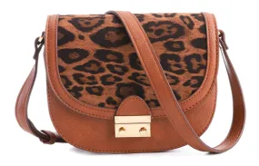 Feversole Crossbody Bag PU Leather Women Retro Small Saddle Satchel Shoulder Bag Tote With Long Adjustable Strap Camel Leopard