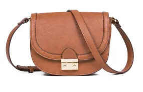 Feversole Crossbody Bag PU Leather Women Retro Small Saddle Satchel Shoulder Bag Tote With Long Adjustable Strap Camel