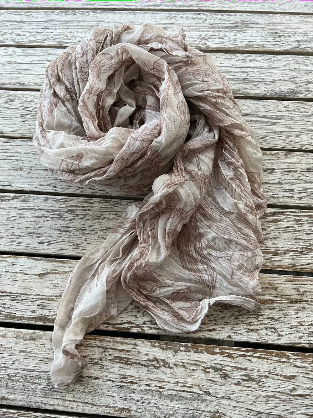 Floral Cotton Crinkle Scarf - Warm White Beige