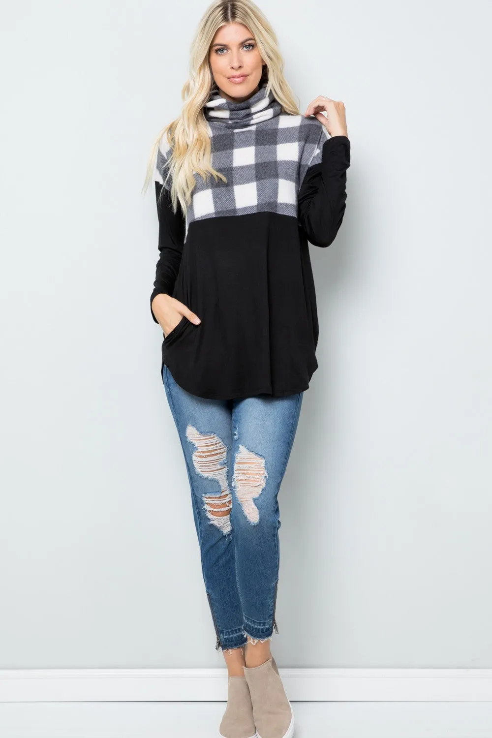 Full Size Pocketed Plaid Turtleneck Long Sleeve Blouse