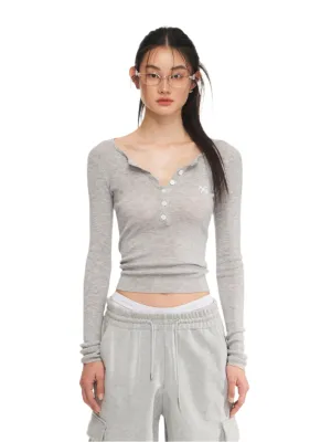 Gray Twisted Henley Collar Knitwear Top