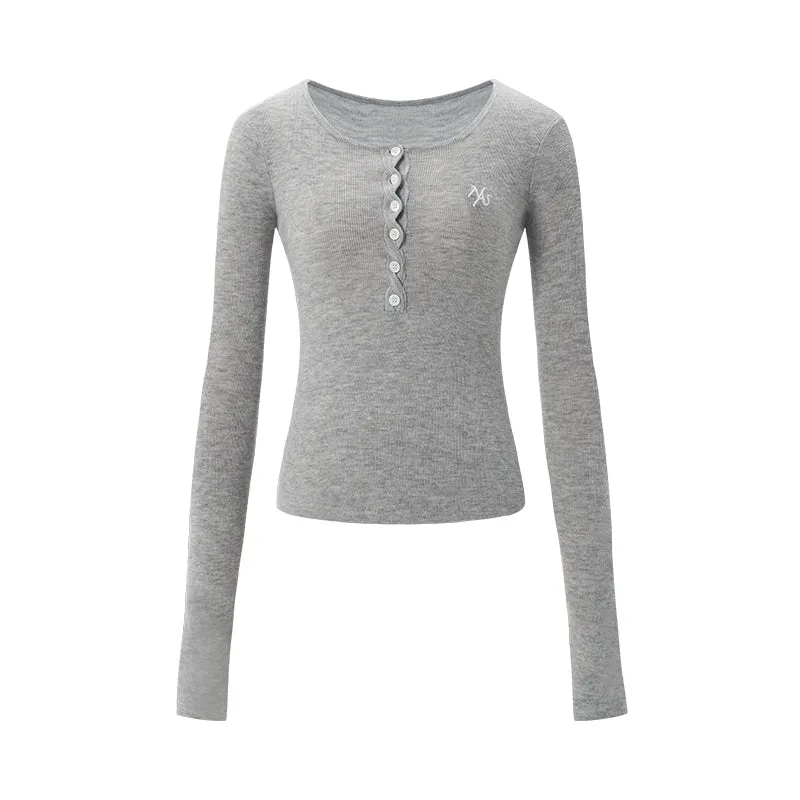 Gray Twisted Henley Collar Knitwear Top