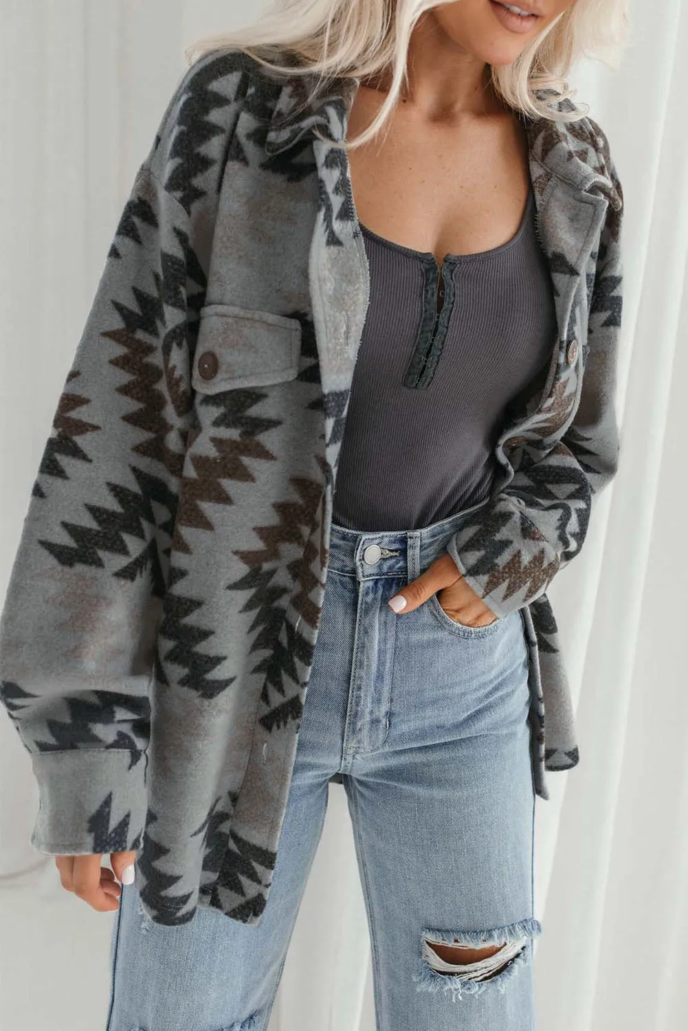 Gray Western Aztec Print Drop Shoulder Casual Shacket