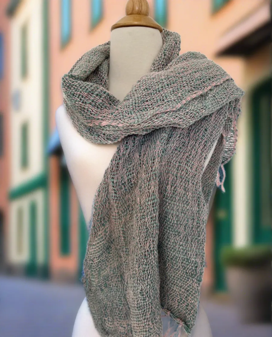 Handwoven Open Weave Cotton Scarf - Jade-Gray/Pink