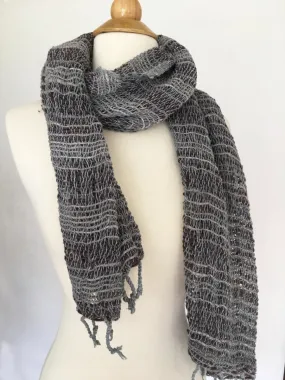 Handwoven Open Weave Cotton Scarf - Slate Blue Brown Multi