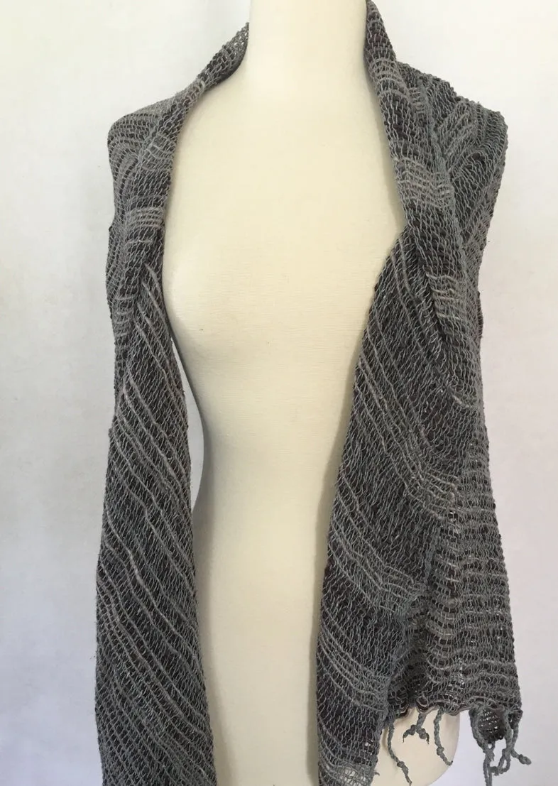 Handwoven Open Weave Cotton Scarf - Slate Blue Brown Multi