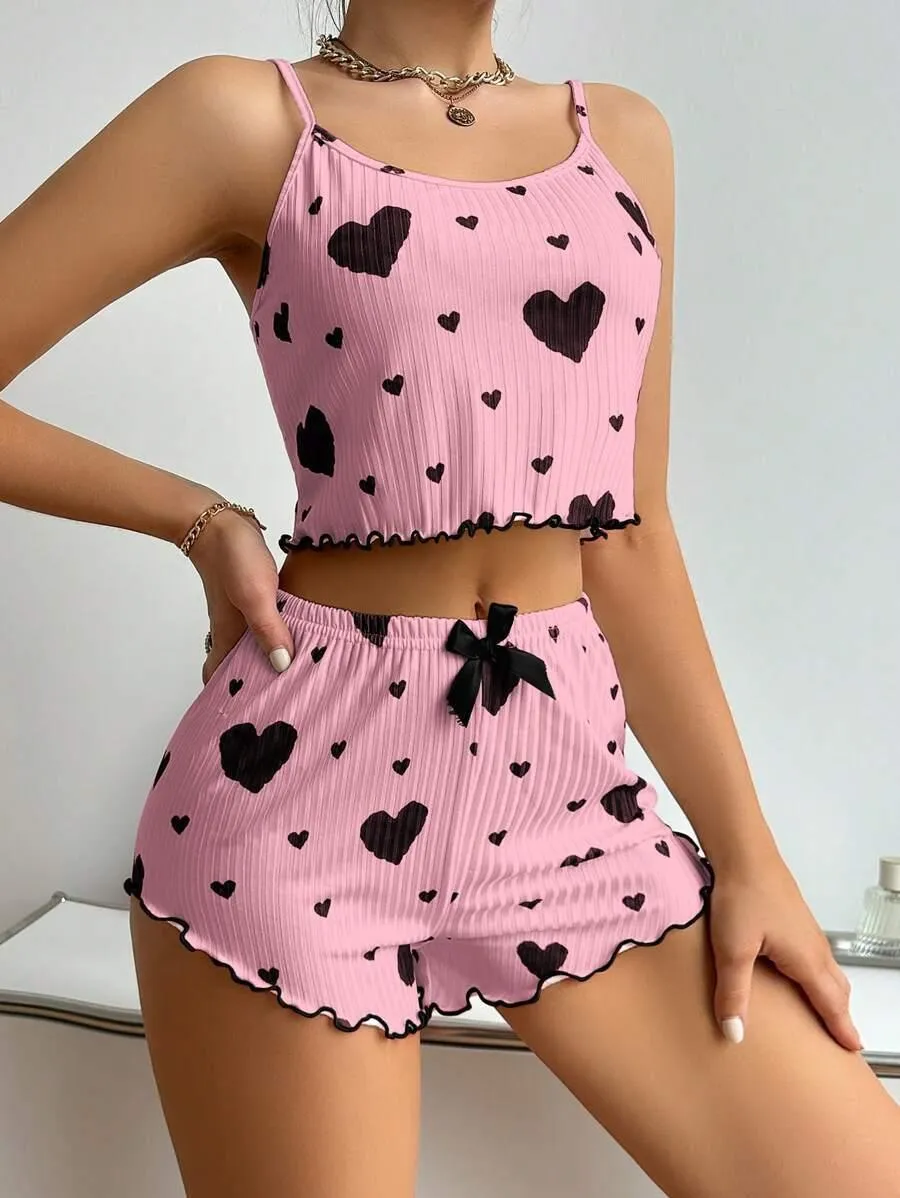 Heart Printing Suspender Shorts Casual Sunken Stripe Outerwear European And American Style Women Pajamas