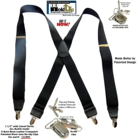 Holdup Brand All Black 1 1/2" wide X-back Suspenders with Patented No-slip Silver tone Clips