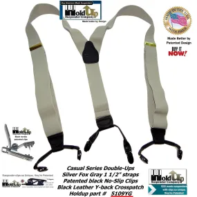 Holdup Brand Silver Fox Grey Dual-clip Double-ups Style Suspenders 1 1/2" wide with Patented No-slip Clips