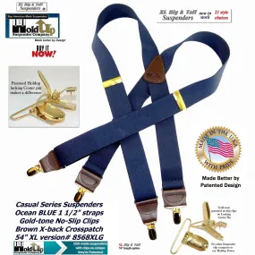 HoldUp Brand XL Dark Ocean Blue Holdup X-back suspenders for the Big and Tall man with gold tone patented no-slip clips