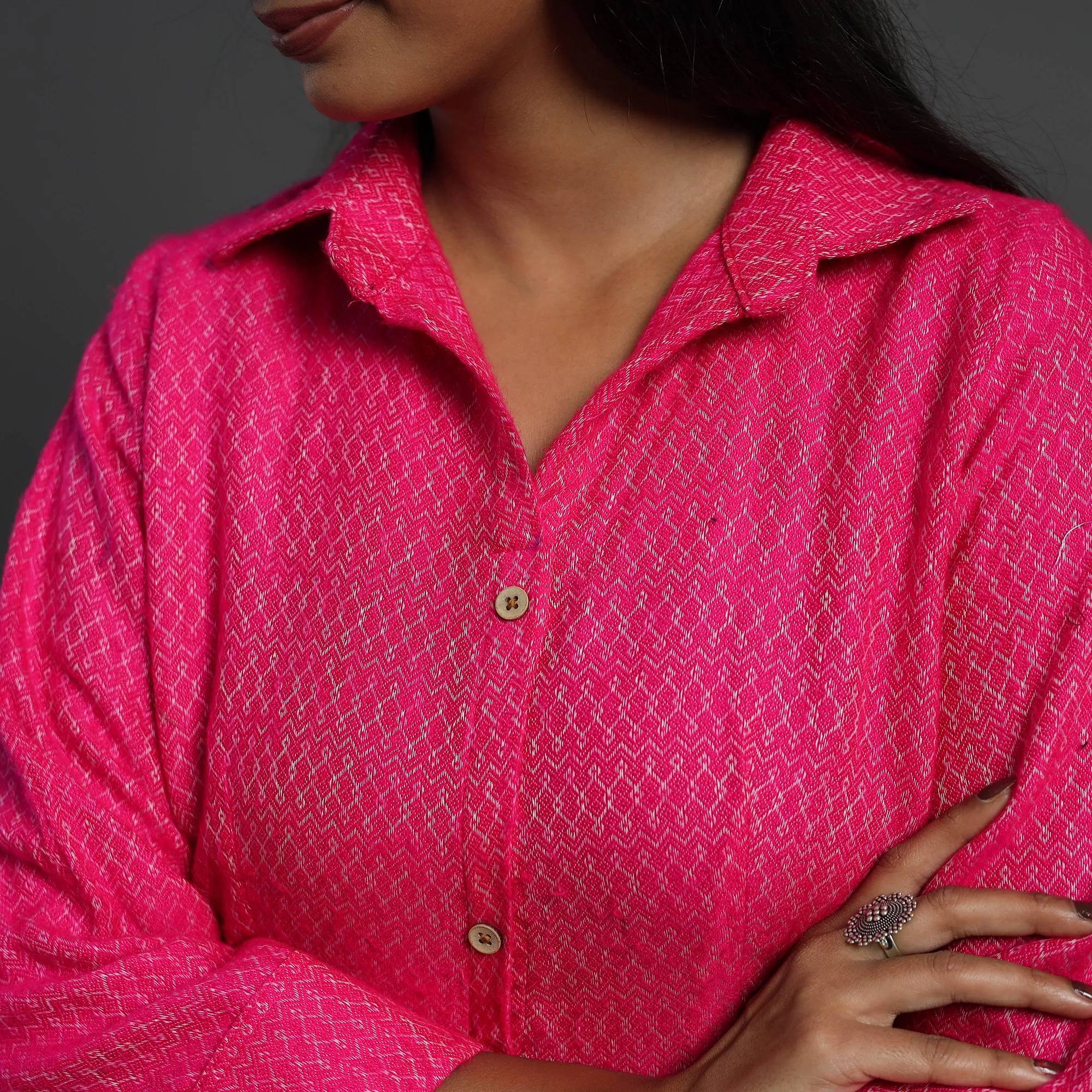 Inayat Hot Pink Plain Button Down Woollen Dress 10