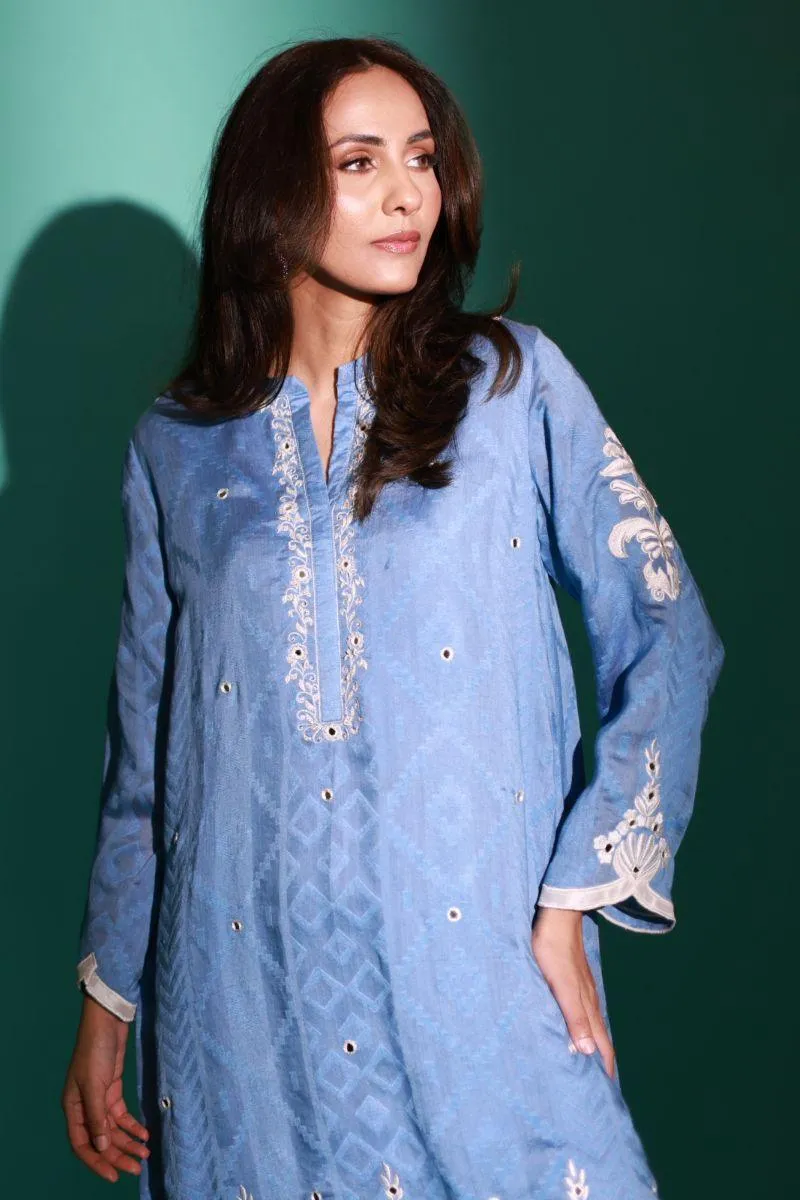 Insia Sohail - Sky blue - Blue - 3 Piece - cotton net