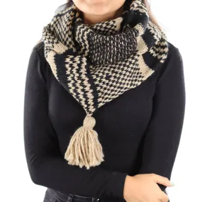 Knit Infinity Muffler w/ Tassel - Black/Oatmeal