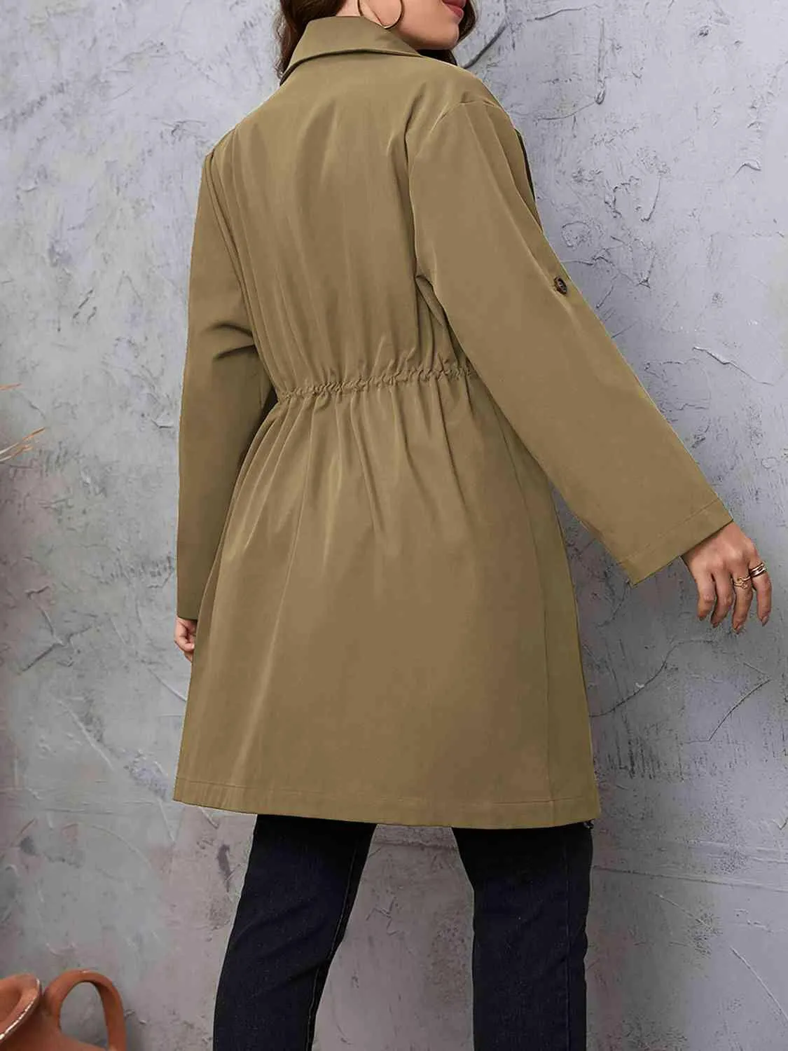 Lapel Collar Drawstring Roll-Tab Sleeve Trench Coat