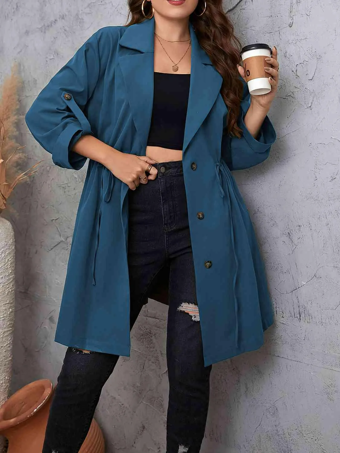 Lapel Collar Drawstring Roll-Tab Sleeve Trench Coat