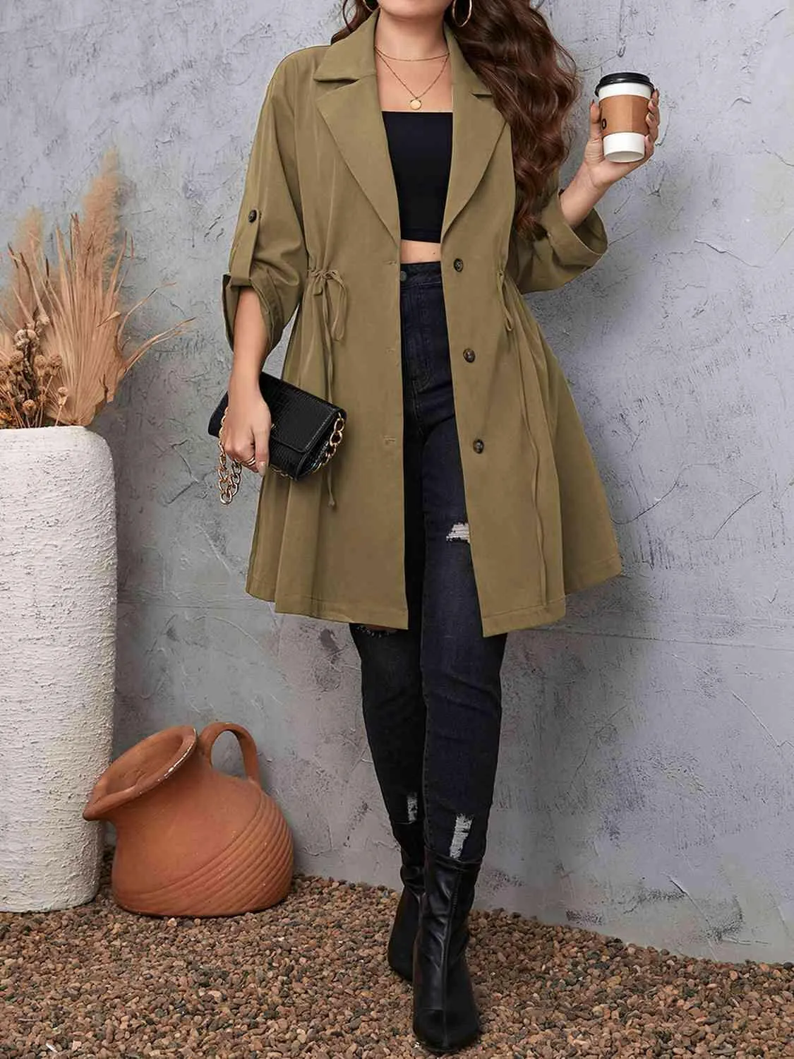 Lapel Collar Drawstring Roll-Tab Sleeve Trench Coat