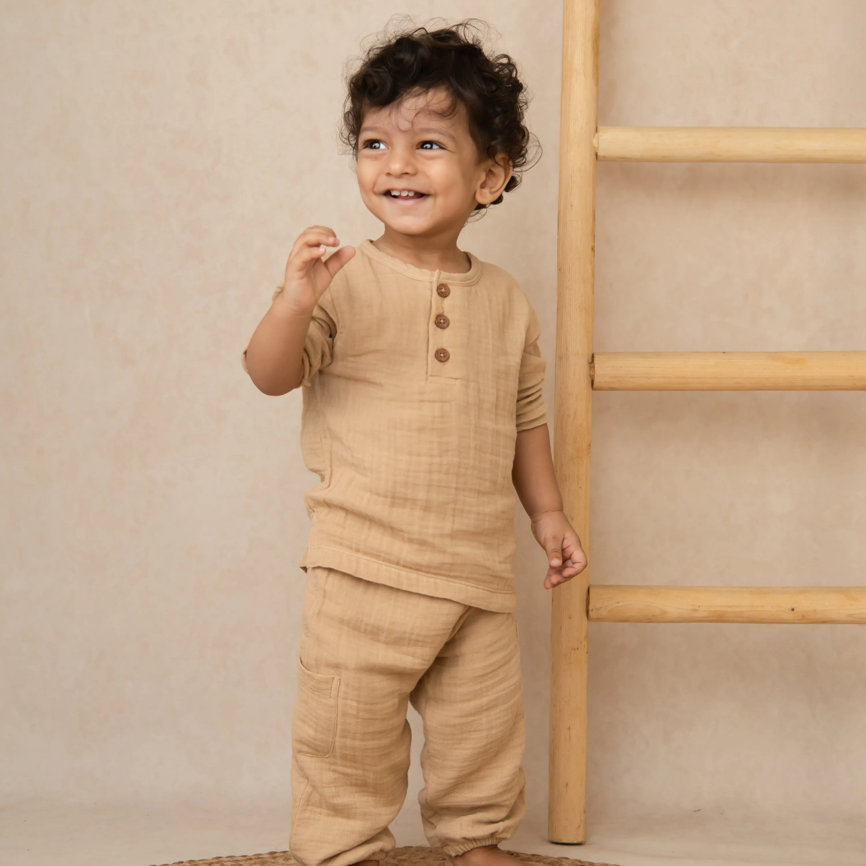 Latte Organic Muslin Short Sleeve Henley Tshirt With Lounge Pant Set