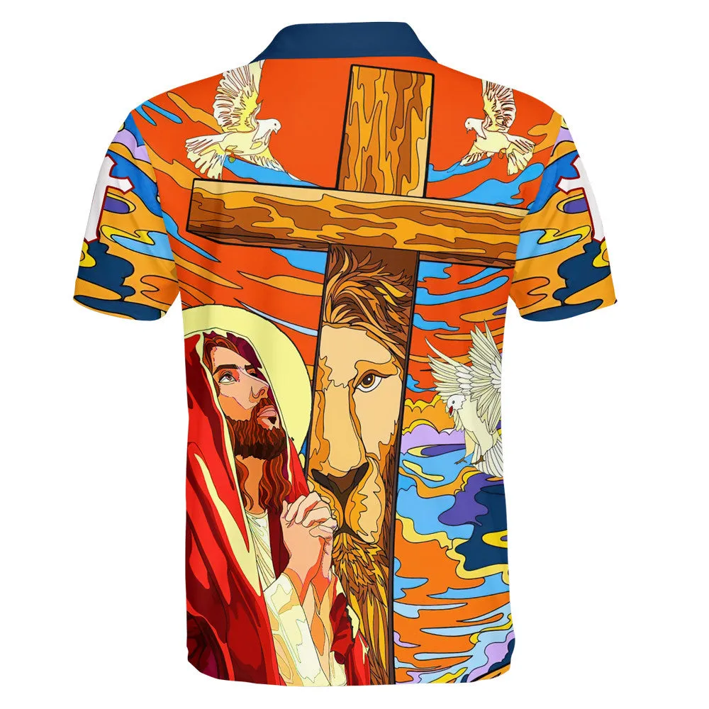 Lion Pray With Jesus On The Cross Polo Shirt - Christian Shirts & Shorts