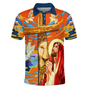 Lion Pray With Jesus On The Cross Polo Shirt - Christian Shirts & Shorts