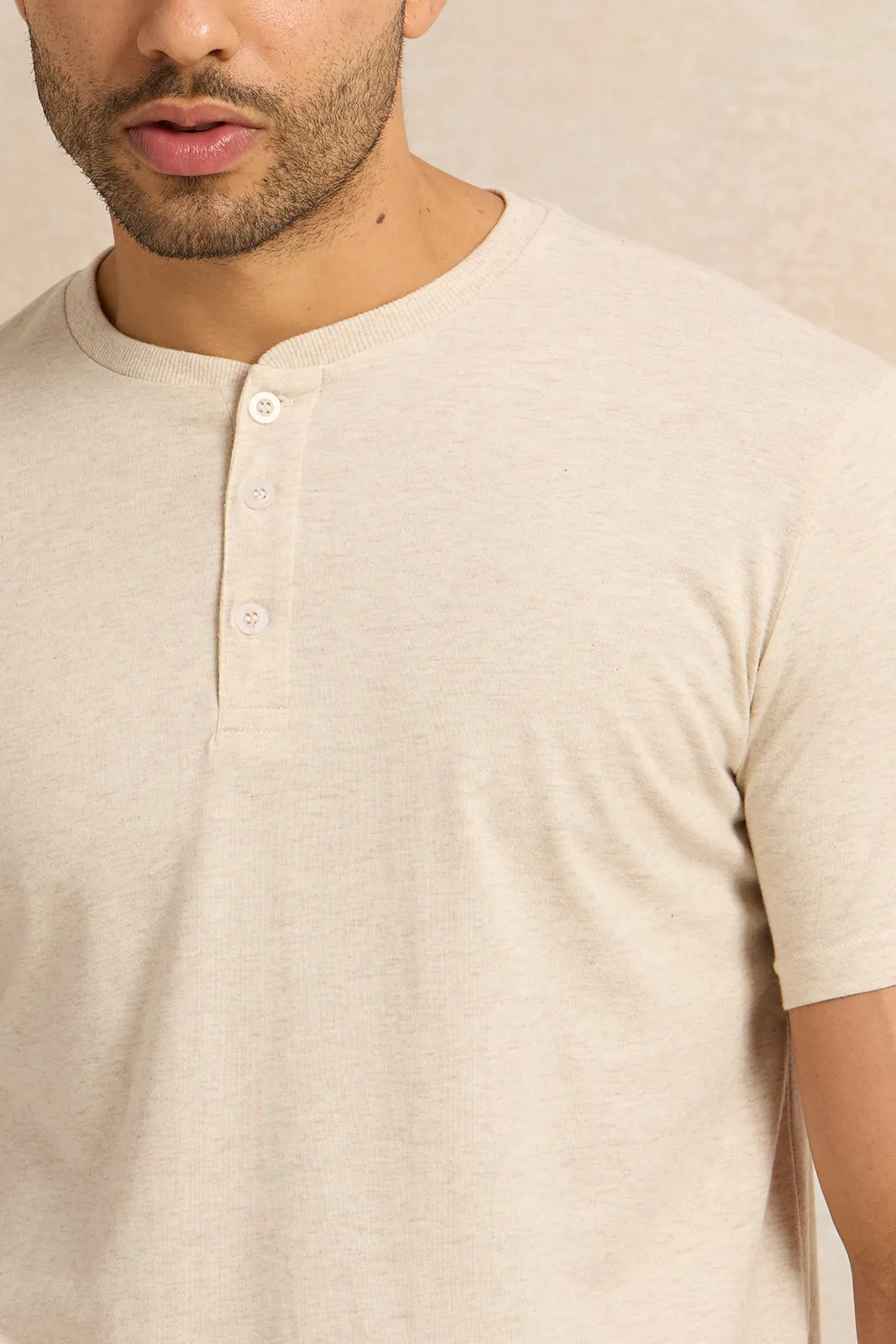 Men Beige Henley T-Shirt